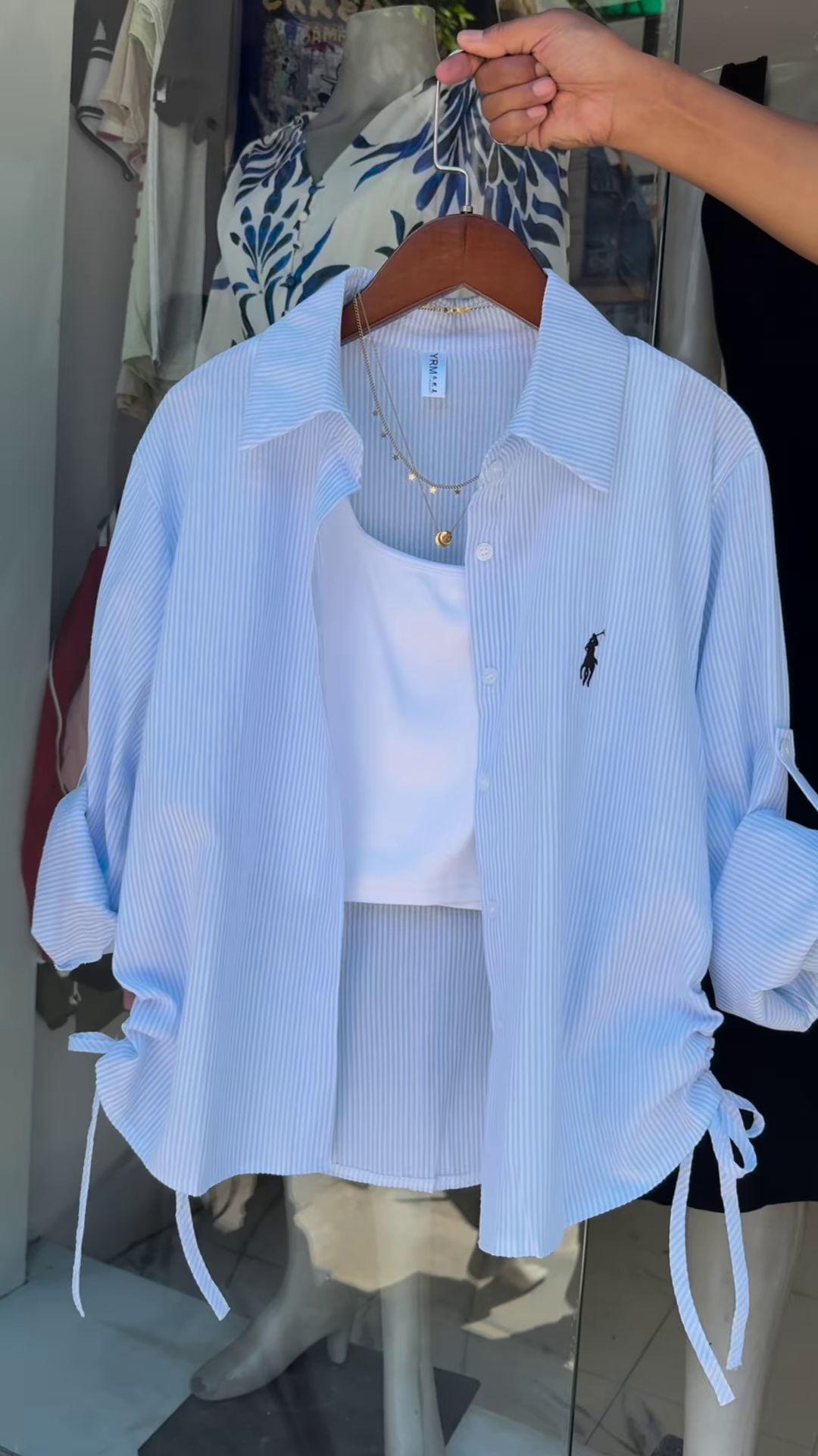 Mint Striped Drawstring Shirt with White Crop Tank – Breezy Layered Look - Image 2