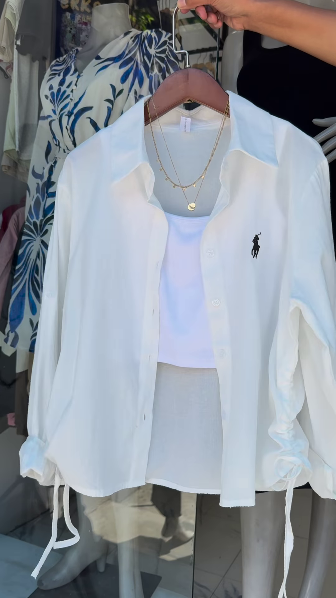 Mint Striped Drawstring Shirt with White Crop Tank – Breezy Layered Look - Image 3