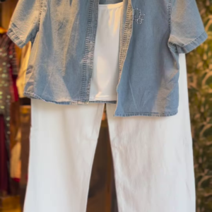 Embellished Denim Coord Set with White Wide-Leg Pants