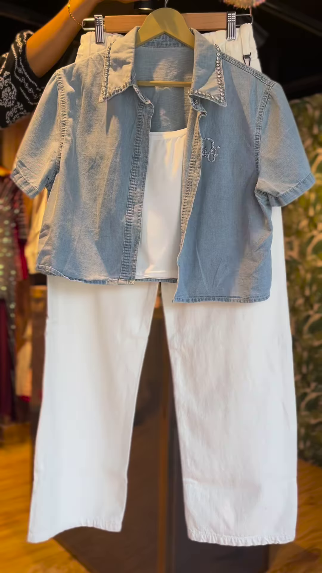 Embellished Denim Coord Set with White Wide-Leg Pants