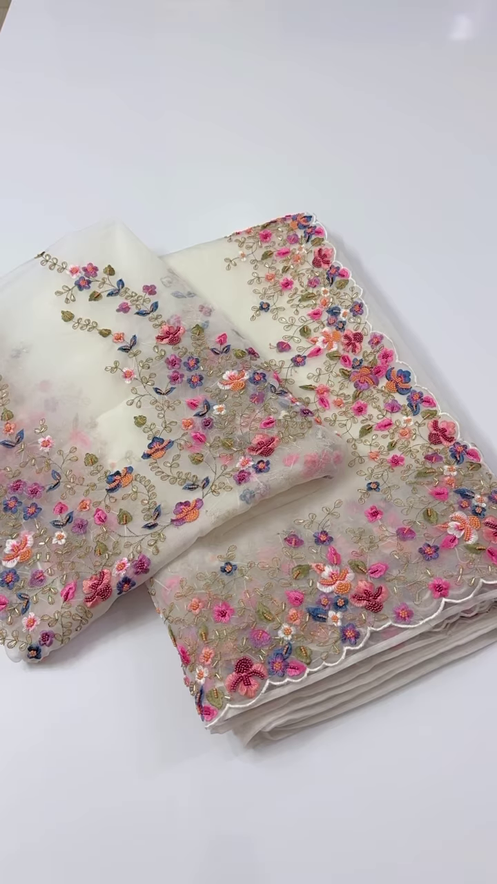 Ivory Organza Dupatta with Multicolor Floral Embroidery