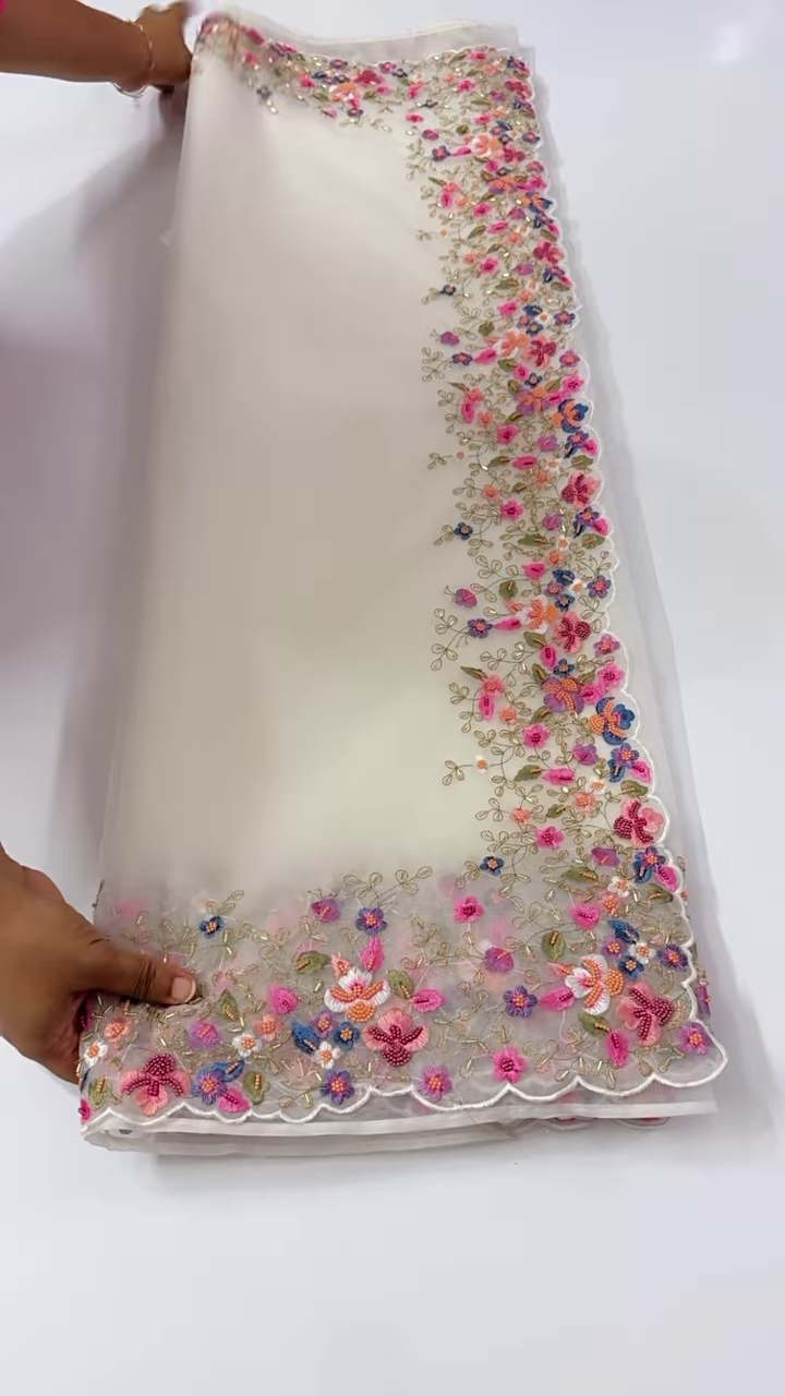 Ivory Organza Dupatta with Multicolor Floral Embroidery - Image 2