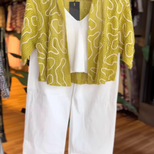 Lime Mesh Shirt Co-ord Set with White Ribbed Tank & Wide-Leg Trousers