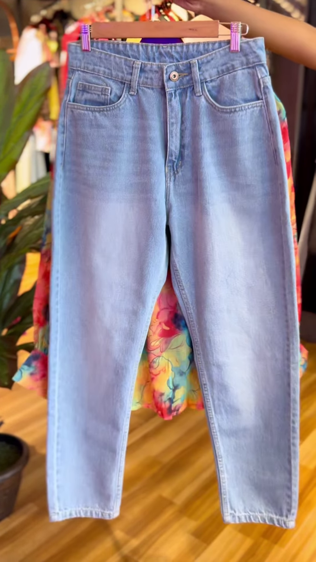 Tropical Watercolor Shirt Co-ord Set with Sky Blue Ribbed Tank & Light Wash Denim - Image 2