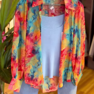 Tropical Watercolor Shirt Co-ord Set with Sky Blue Ribbed Tank & Light Wash Denim