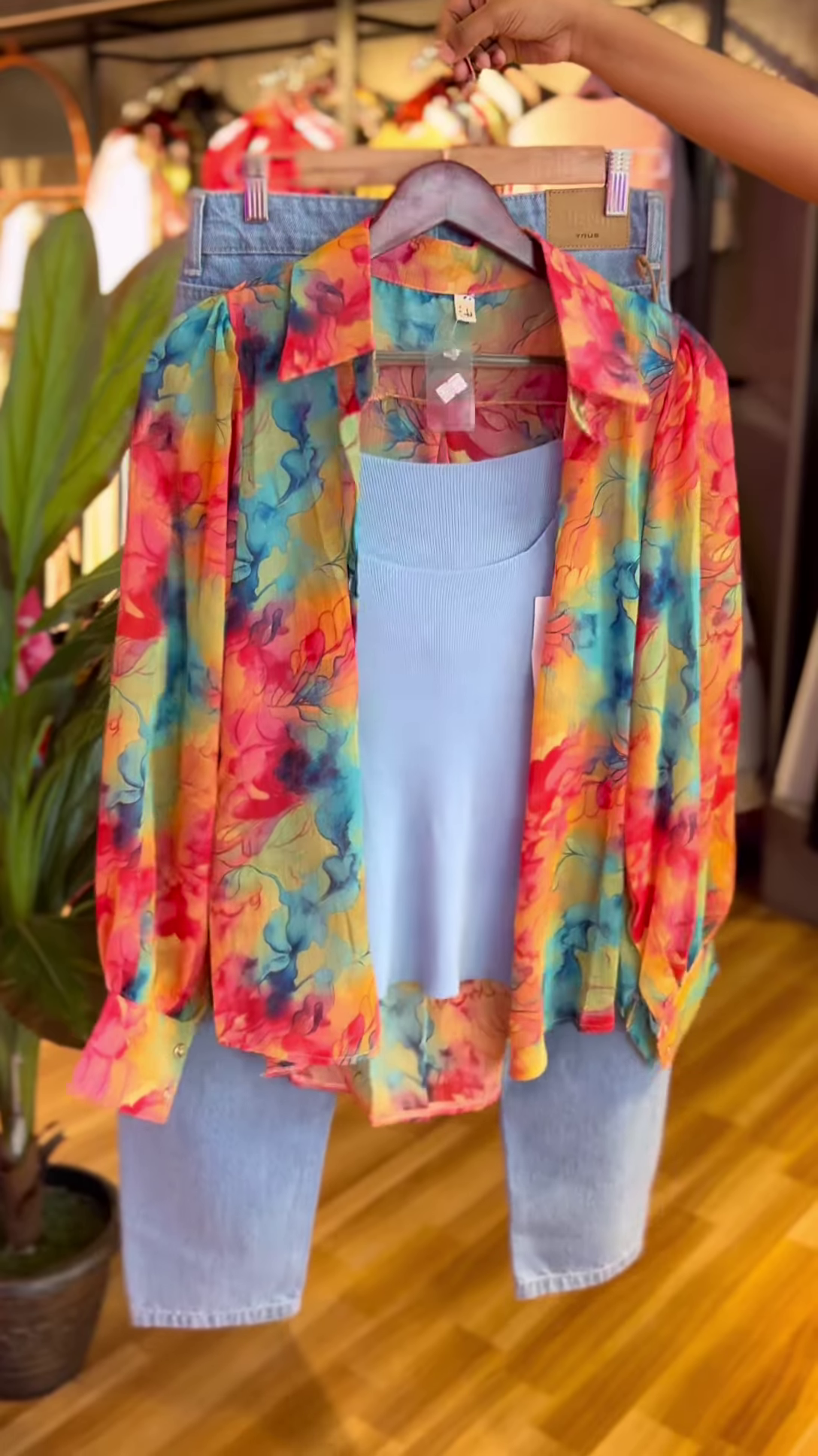 Tropical Watercolor Shirt Co-ord Set with Sky Blue Ribbed Tank & Light Wash Denim