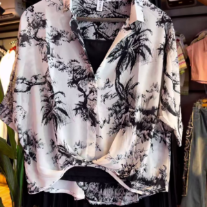 Monochrome Palm-Print Satin Co-ord with Draped Top & Sheer Layered Skirt