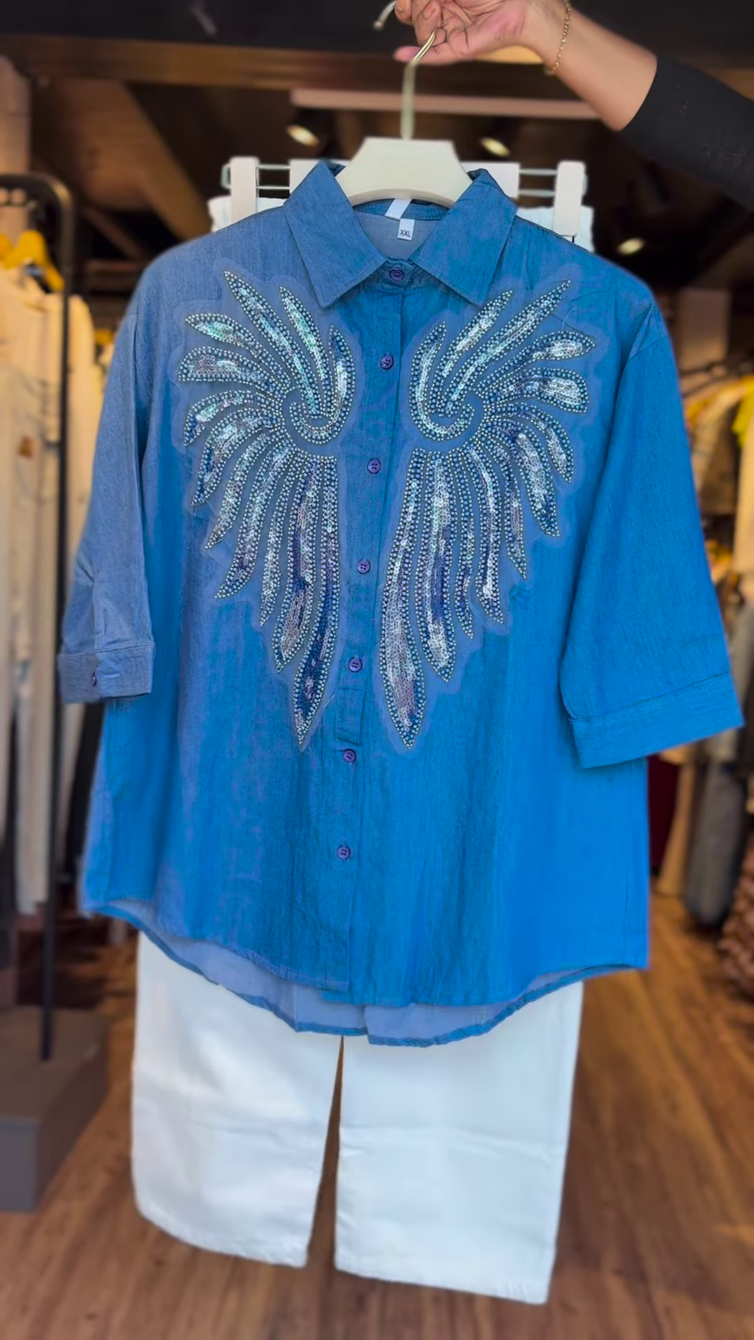 Midnight Wings Embellished Denim Shirt with Sequin Detailing