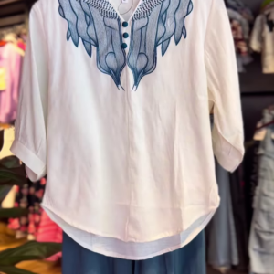 Indigo Drift: Embroidered High-Low Shirt & Wide-Leg Set