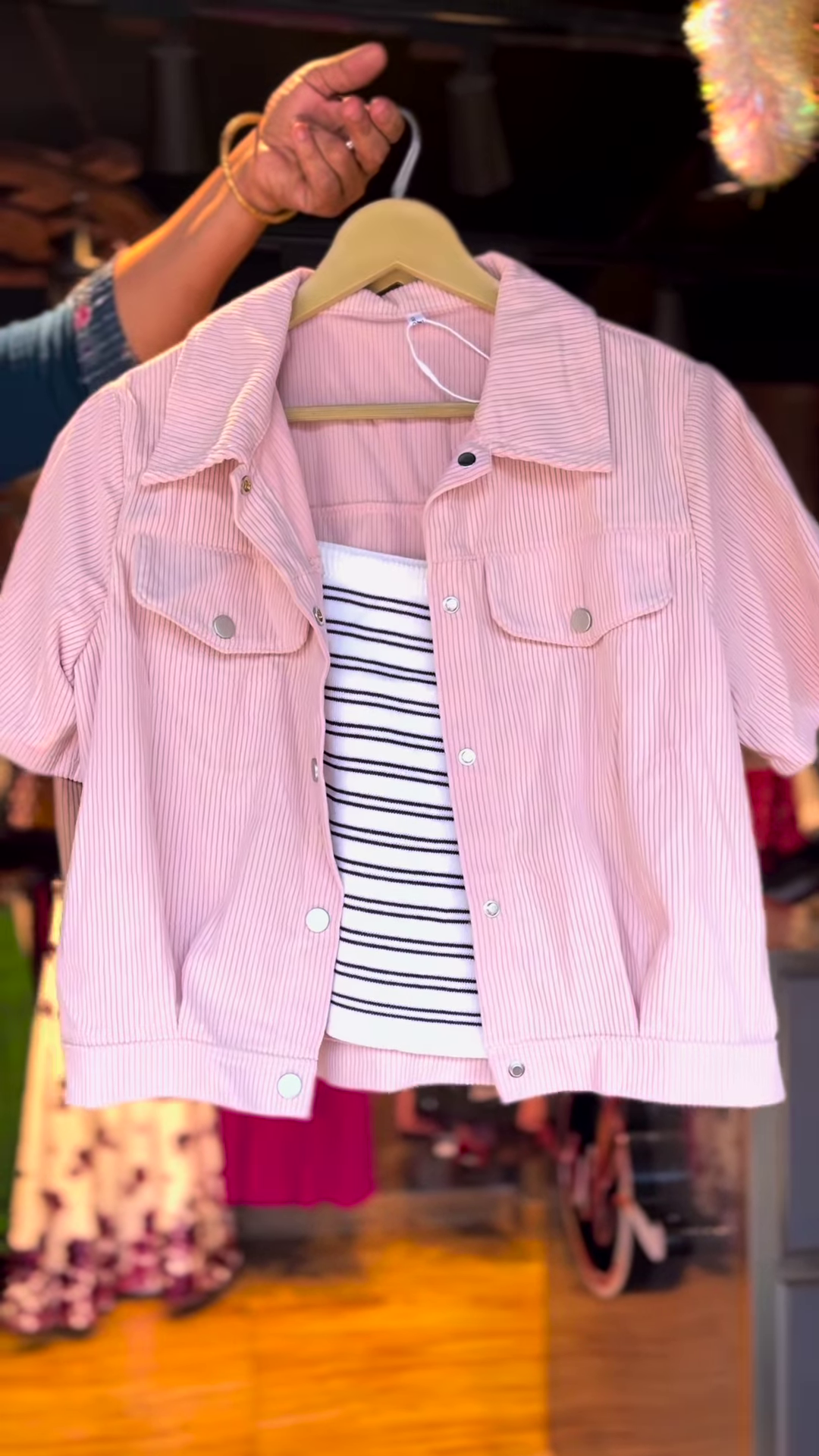 Beige Corduroy Crop Jacket with Black & White Striped Inner Top – Casual Chic Set - Image 2