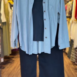 Dusty Blue Oversized Shirt with Black Inner Tank & Wide-Leg Pants – 3-Piece Co-Ord Set