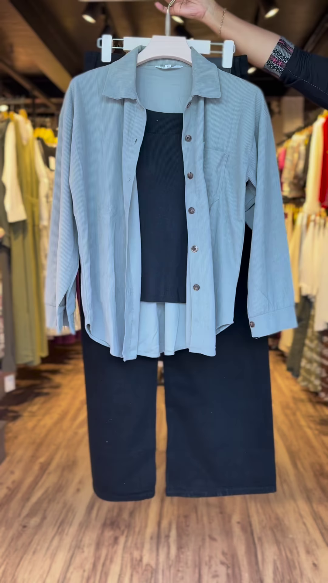 Dusty Blue Oversized Shirt with Black Inner Tank & Wide-Leg Pants – 3-Piece Co-Ord Set