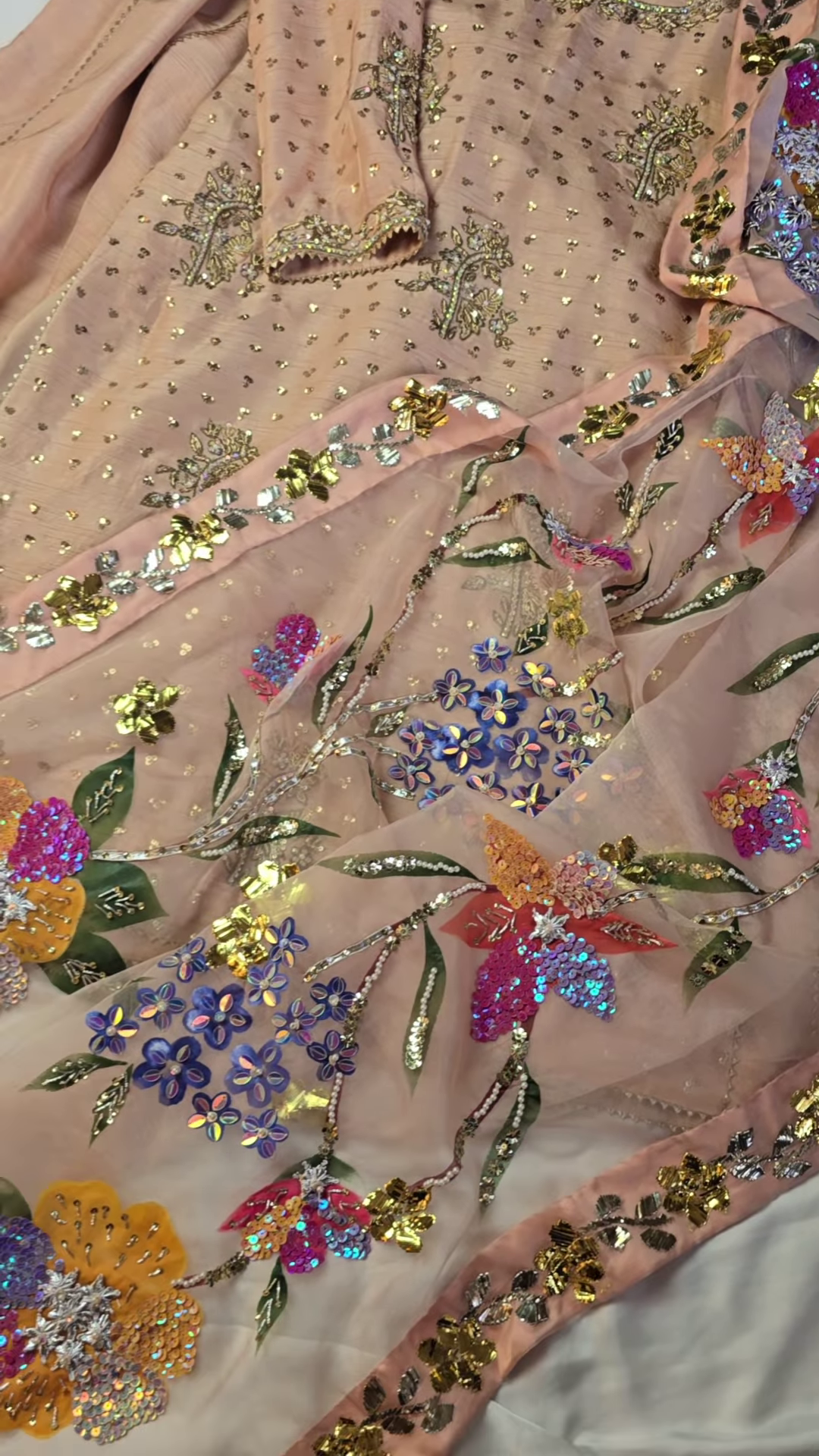 Blossom Radiance Peach Sequin Embroidered Suit Set