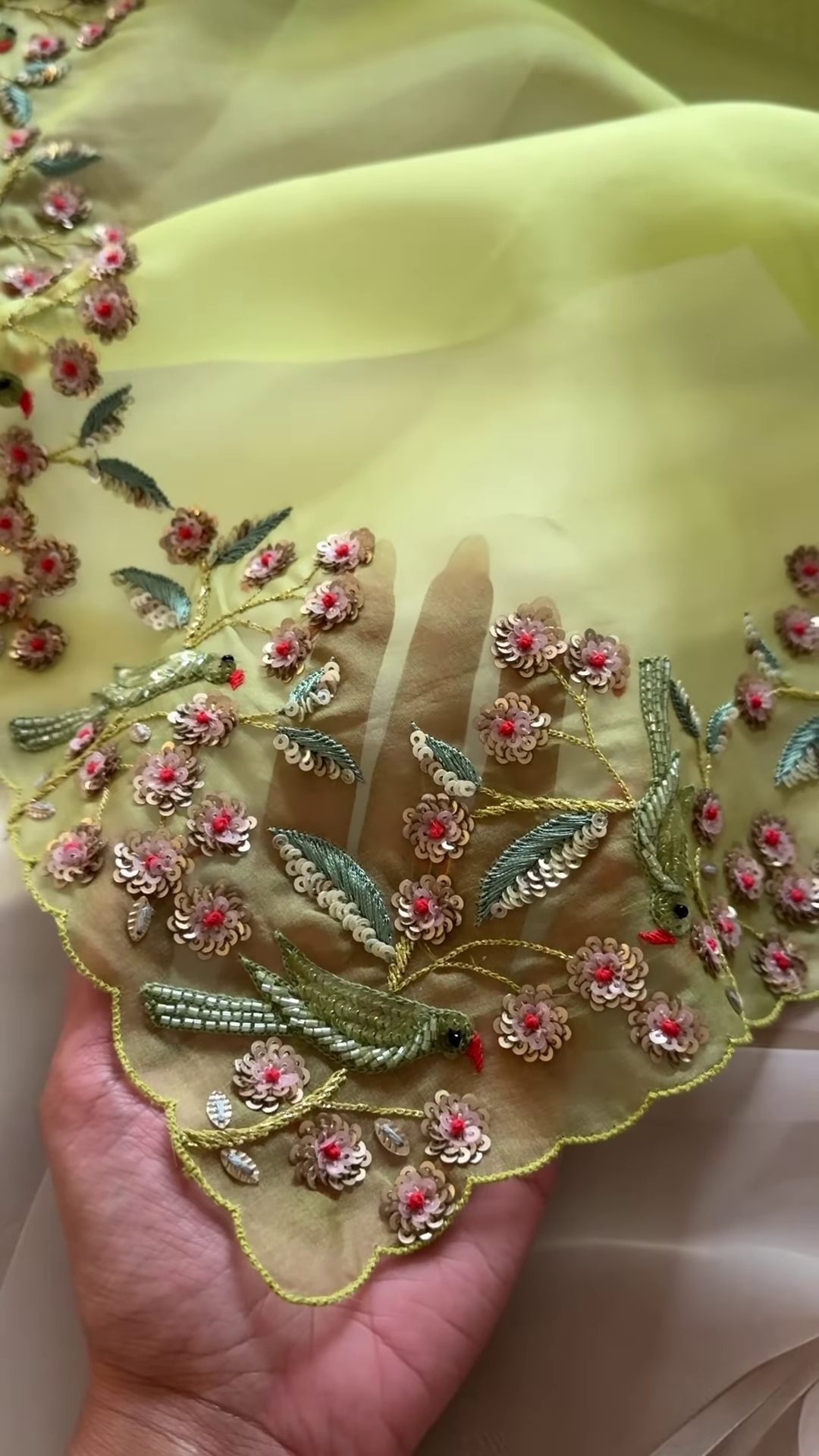 Peach Pink & Lime Green Embroidered Organza Suit Set - Image 3