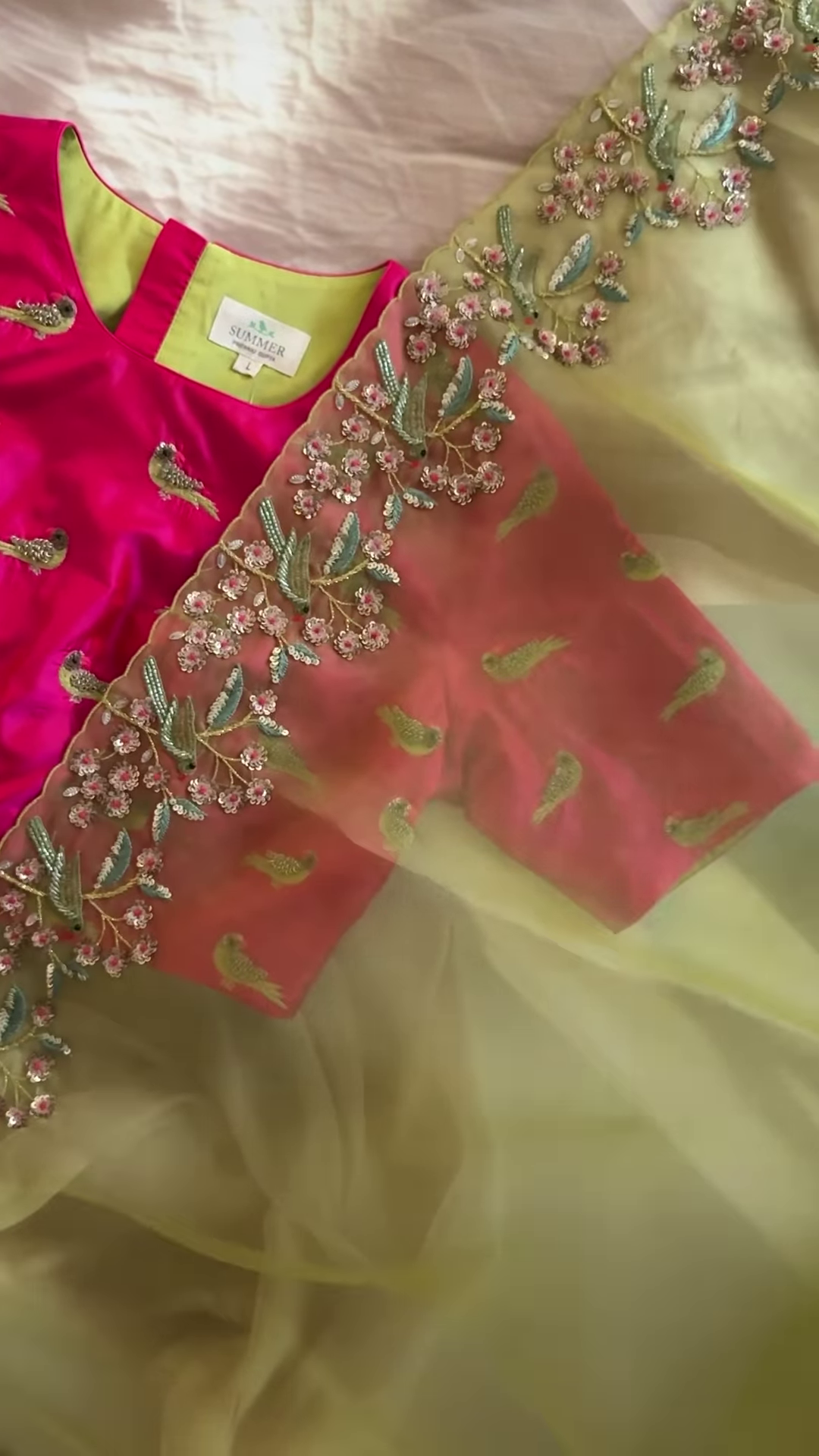 Peach Pink & Lime Green Embroidered Organza Suit Set