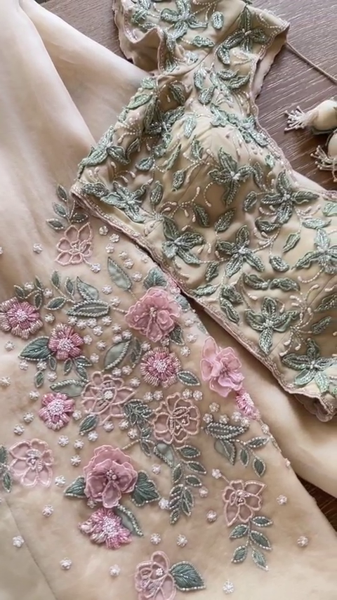 Pastel Peach Embroidered Net Blouse & Dupatta Set - Image 2