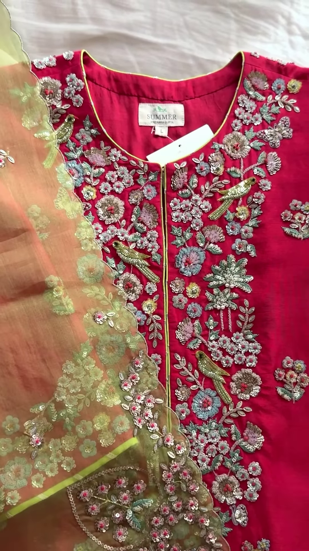 Crimson Red Bird Motif Embroidered Blouse & Dupatta Set