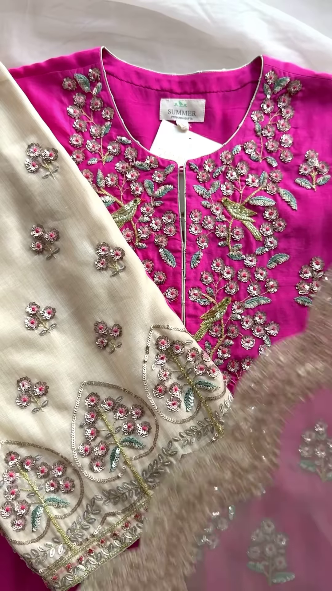 Crimson Red Bird Motif Embroidered Blouse & Dupatta Set - Image 4