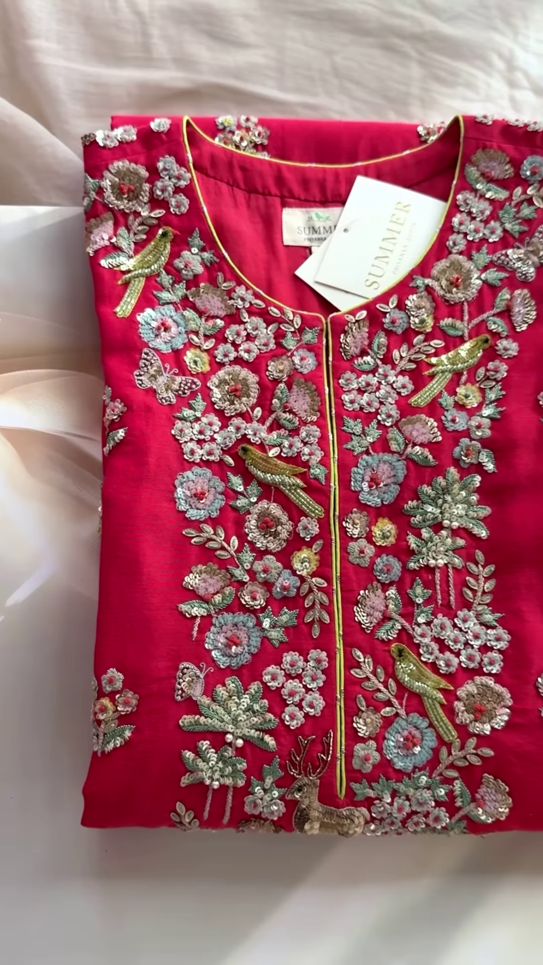 Crimson Red Bird Motif Embroidered Blouse & Dupatta Set - Image 3