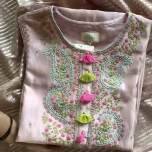 Pastel Pink Paisley Embroidered Kurta with Tassel Accents