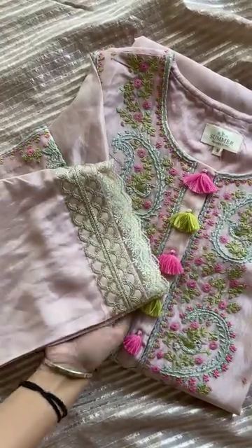 Pastel Pink Paisley Embroidered Kurta with Tassel Accents - Image 3