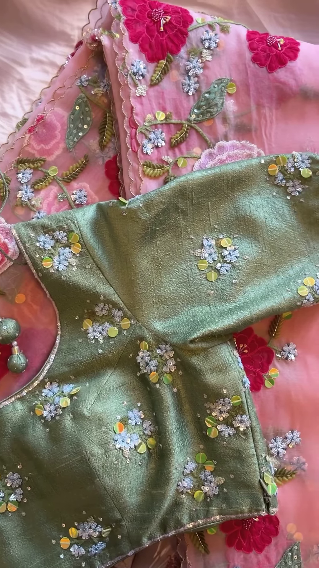 Olive Green Sequin Embroidered Blouse with Floral Net Dupatta