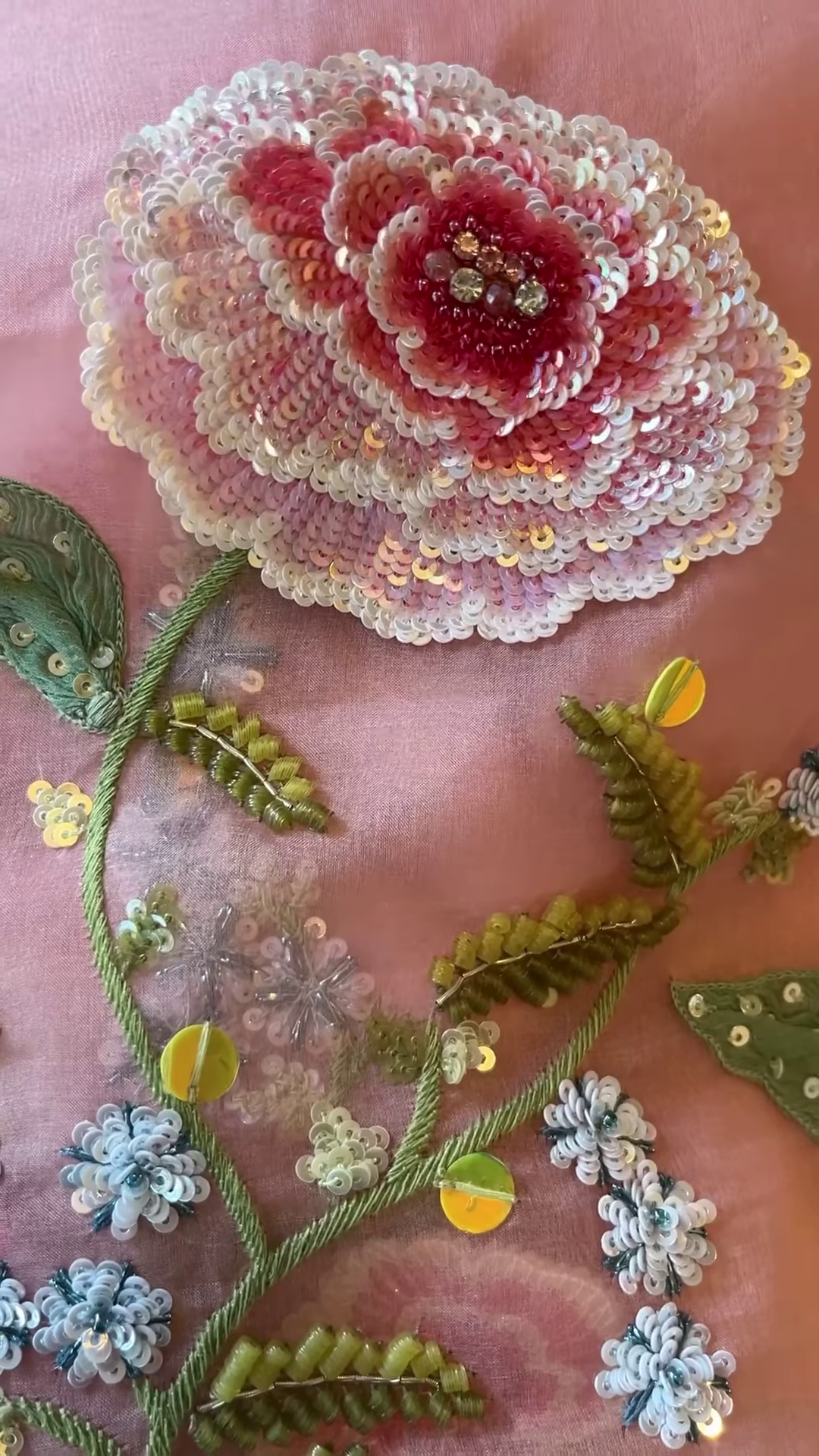 Olive Green Sequin Embroidered Blouse with Floral Net Dupatta - Image 4