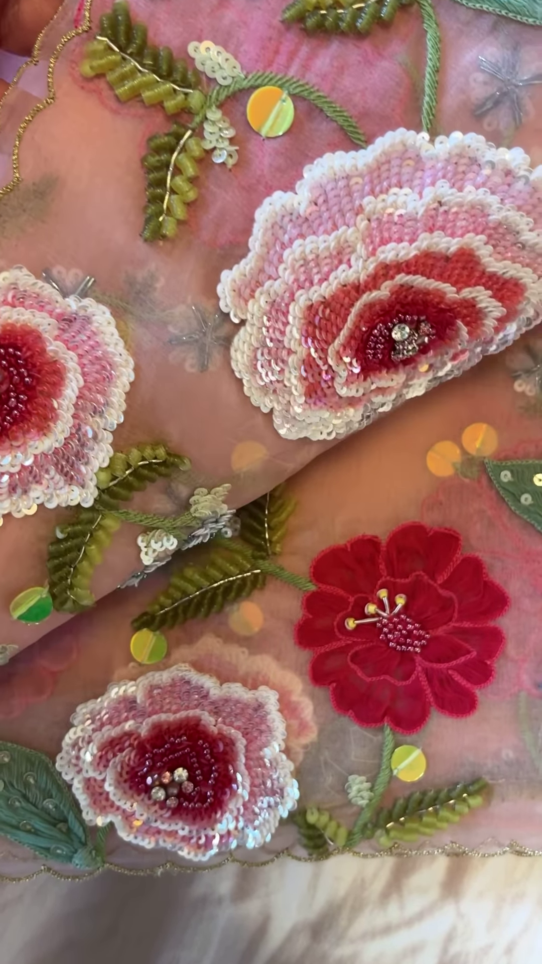 Olive Green Sequin Embroidered Blouse with Floral Net Dupatta - Image 3