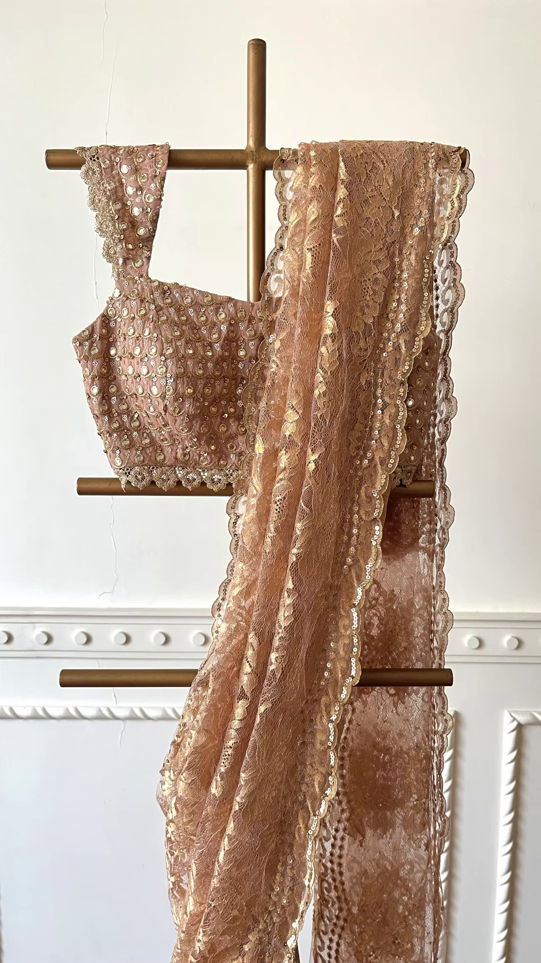 Champagne Gold Sequin Embroidered Lace Saree with Designer Blouse