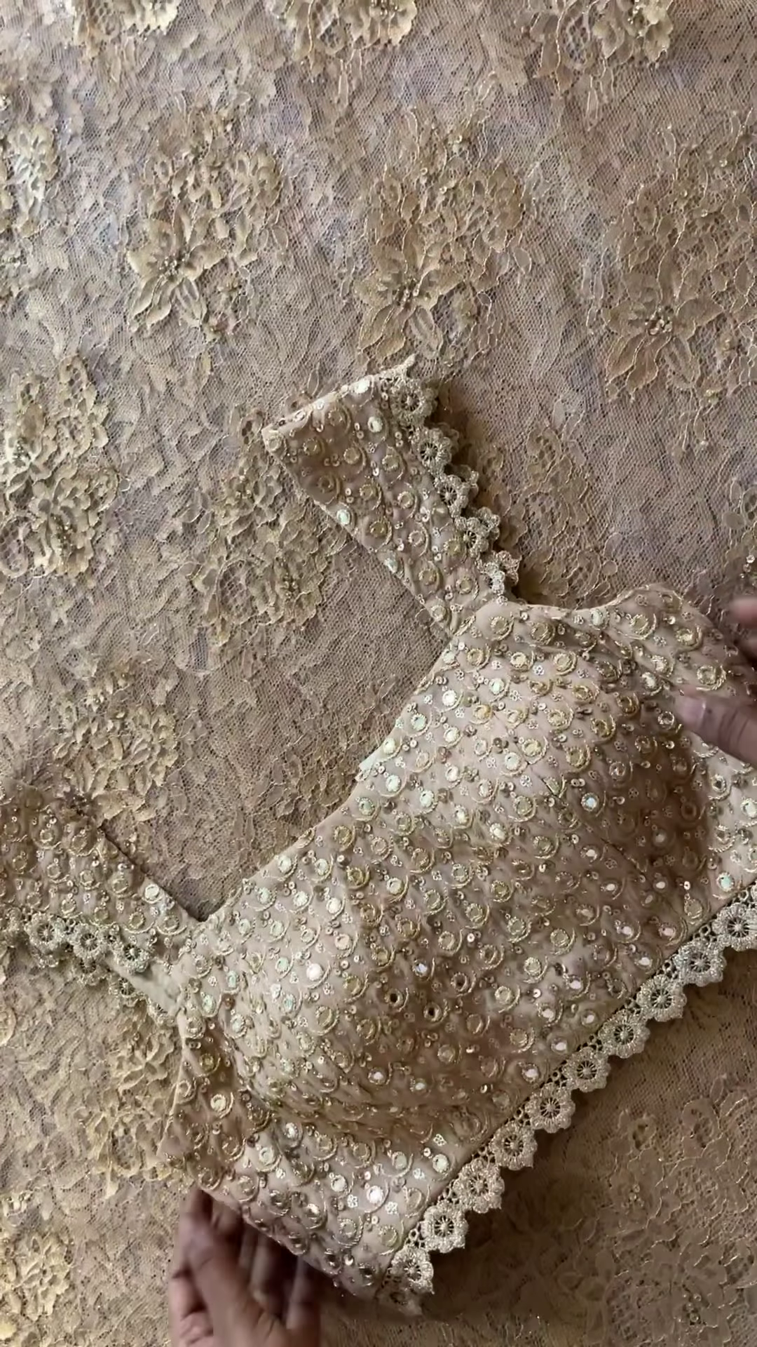 Champagne Gold Sequin Embroidered Lace Saree with Designer Blouse - Image 3