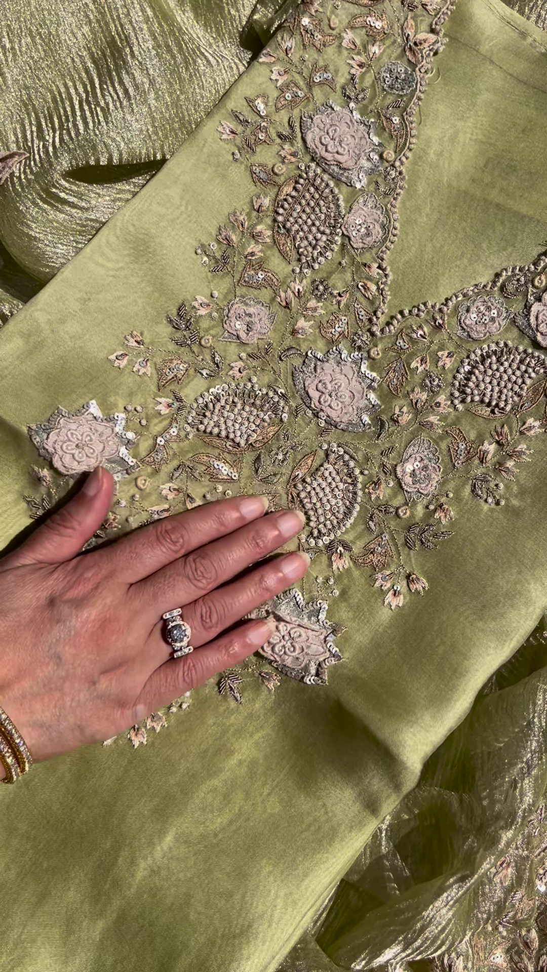 Olive Green Metallic Silk Embroidered Suit Set with Pearl Detailing - Image 3