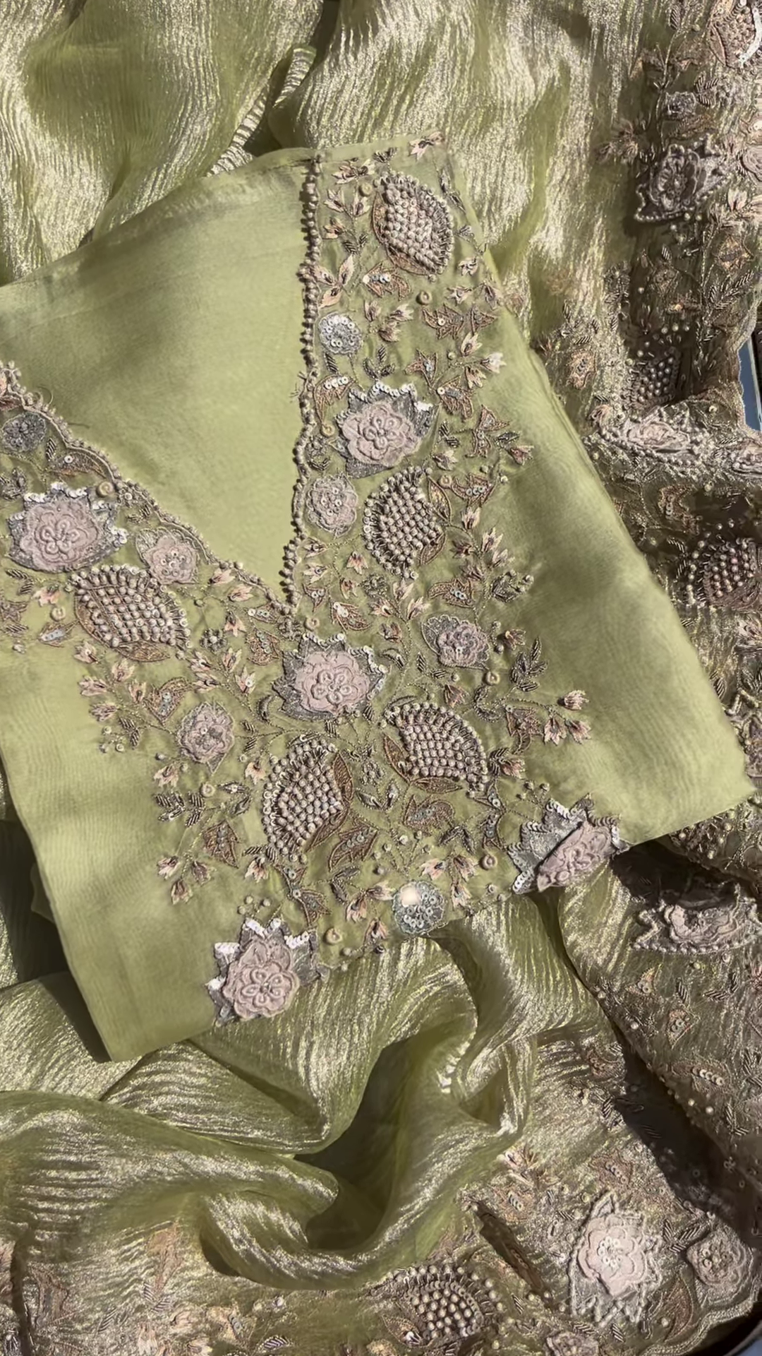 Olive Green Metallic Silk Embroidered Suit Set with Pearl Detailing