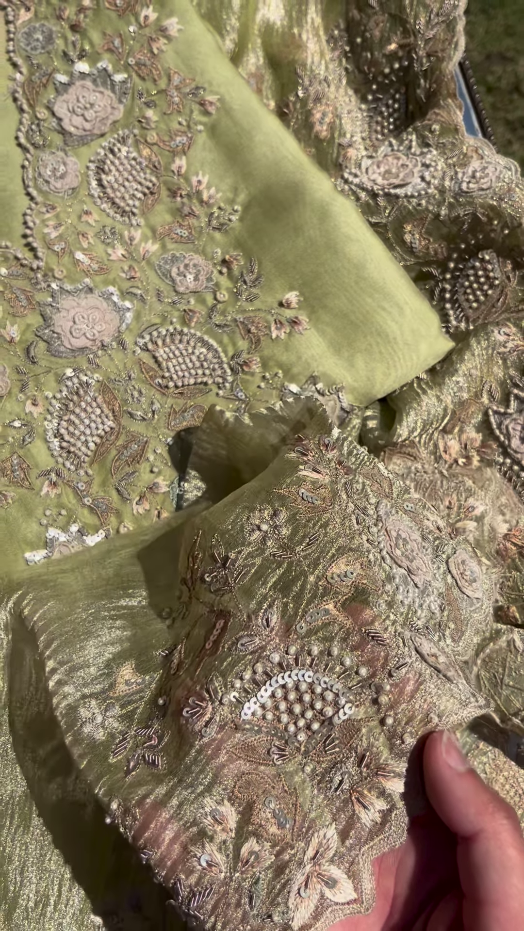 Olive Green Metallic Silk Embroidered Suit Set with Pearl Detailing - Image 2