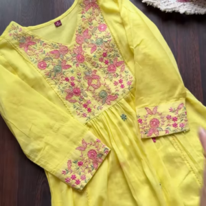 Pastel Cotton Kurta Sets with Hand Embroidered Neckline – Set of 2 (Sky Blue & Yellow)