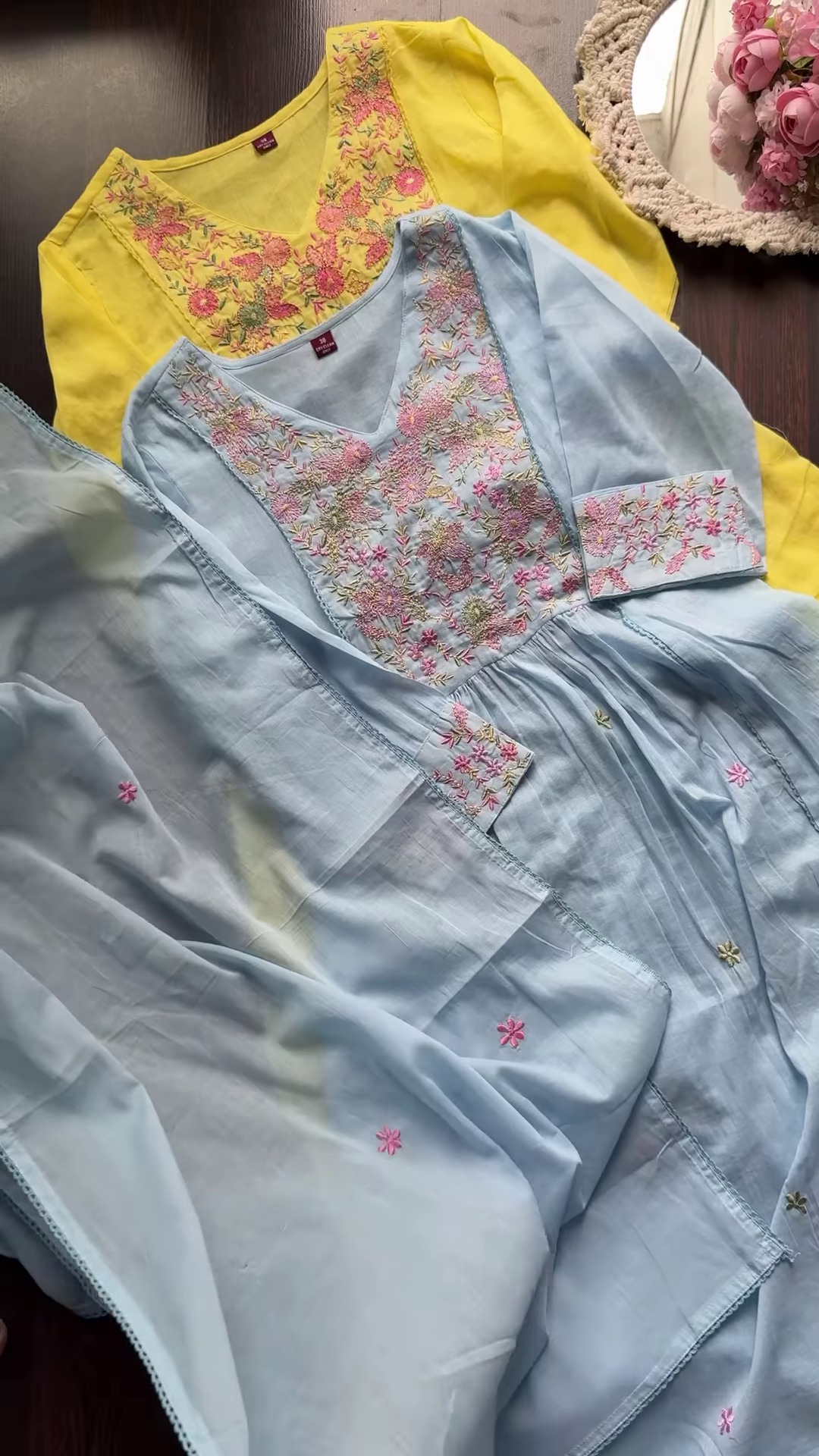 Pastel Cotton Kurta Sets with Hand Embroidered Neckline – Set of 2 (Sky Blue & Yellow) - Image 2