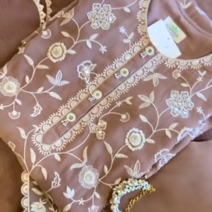 Elegant Mauve Georgette Embroidered Kurta Set with Lace Detailing & Matching Dupatta
