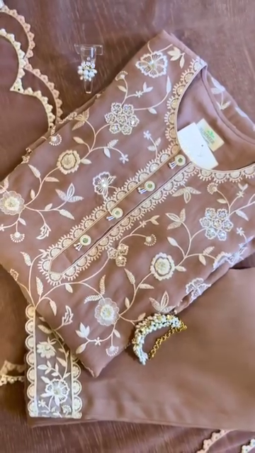 Elegant Mauve Georgette Embroidered Kurta Set with Lace Detailing & Matching Dupatta