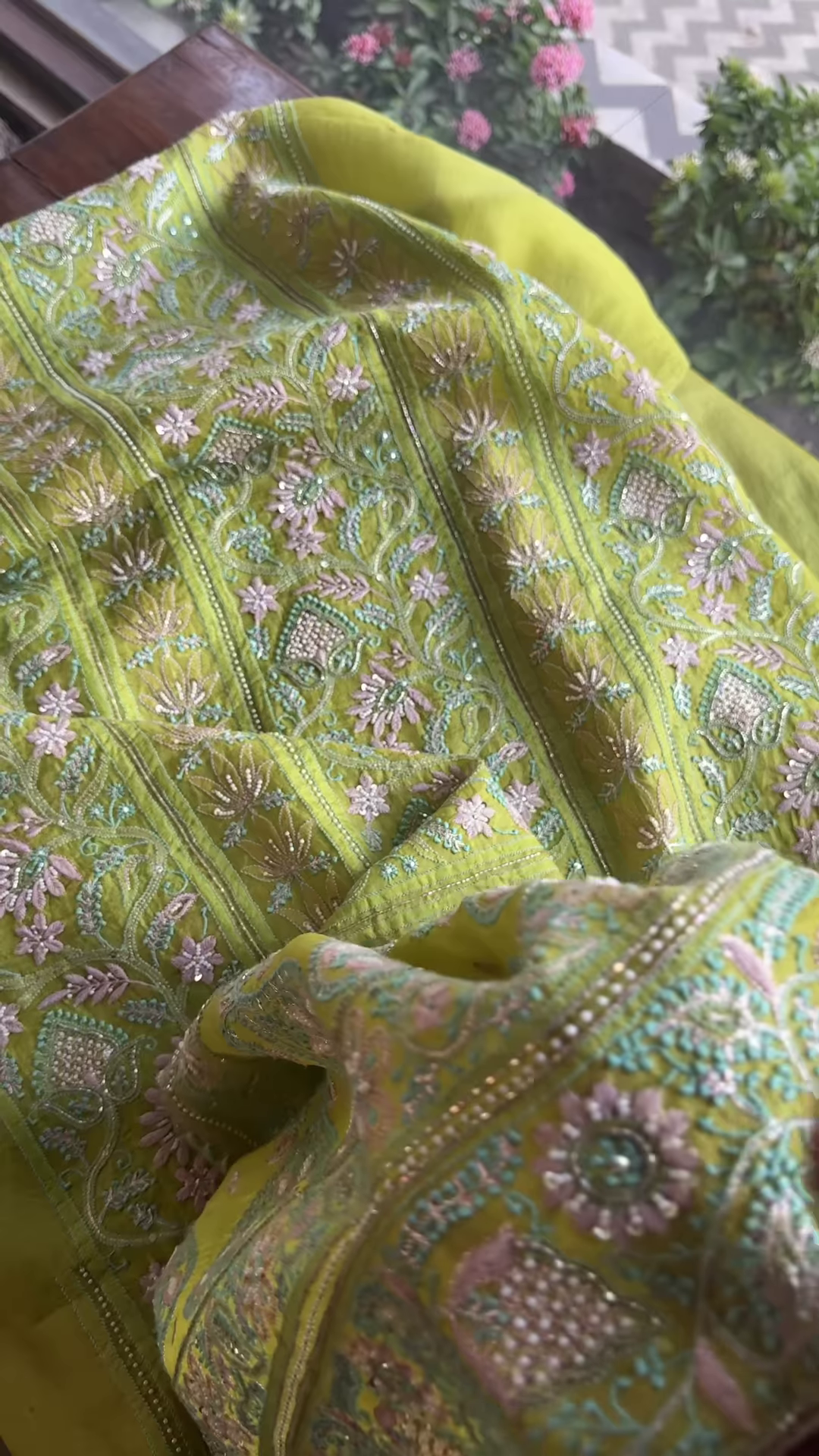 Zarqa Lime Olive Hand-Embroidered Silk Suit with Paisley Motifs - Image 3