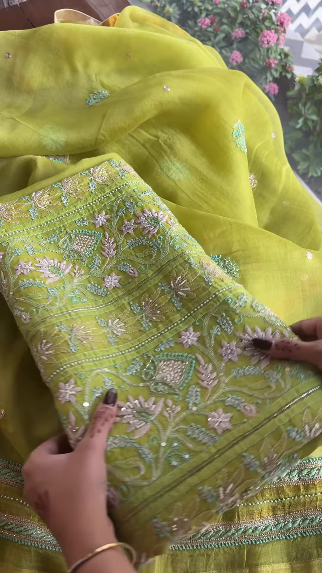 Zarqa Lime Olive Hand-Embroidered Silk Suit with Paisley Motifs