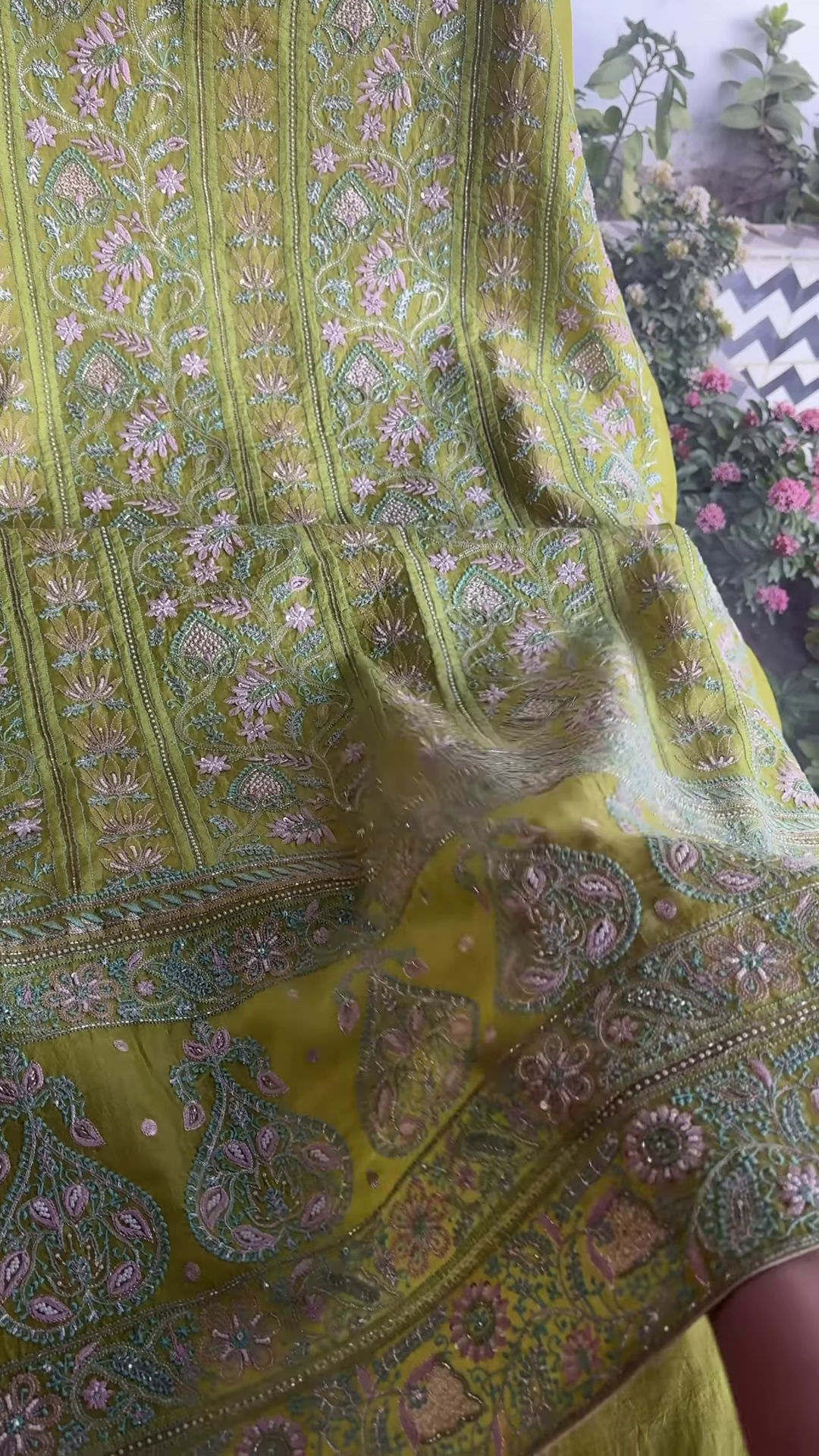 Zarqa Lime Olive Hand-Embroidered Silk Suit with Paisley Motifs - Image 2