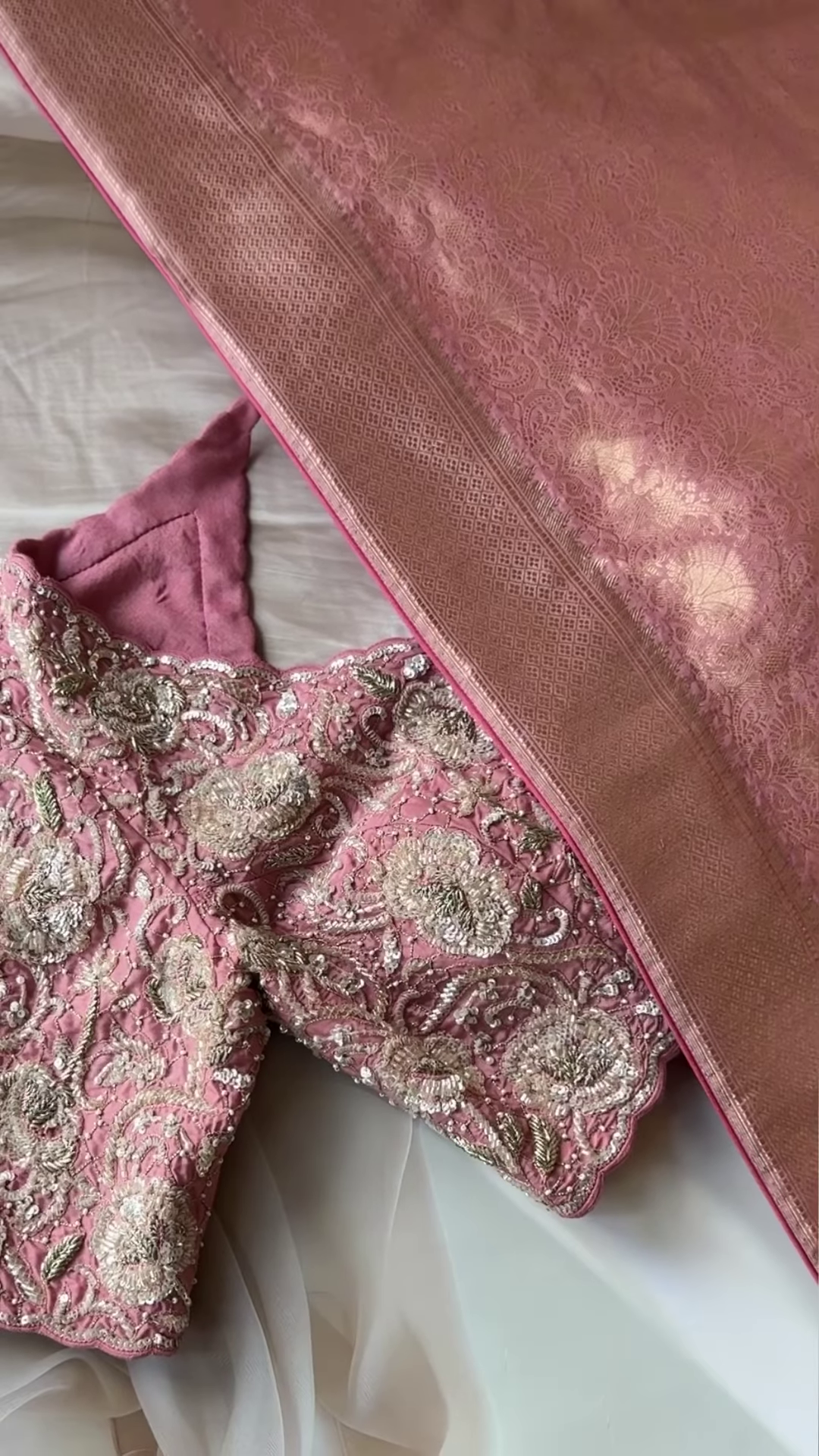Noorani Dusty Rose Hand-Embroidered Blouse with Jacquard Silk Dupatta - Image 3