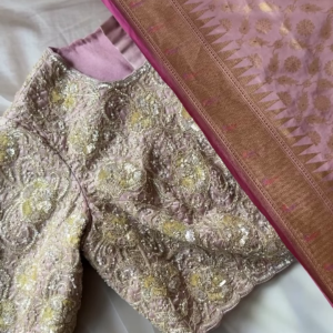 Noorani Dusty Rose Hand-Embroidered Blouse with Jacquard Silk Dupatta