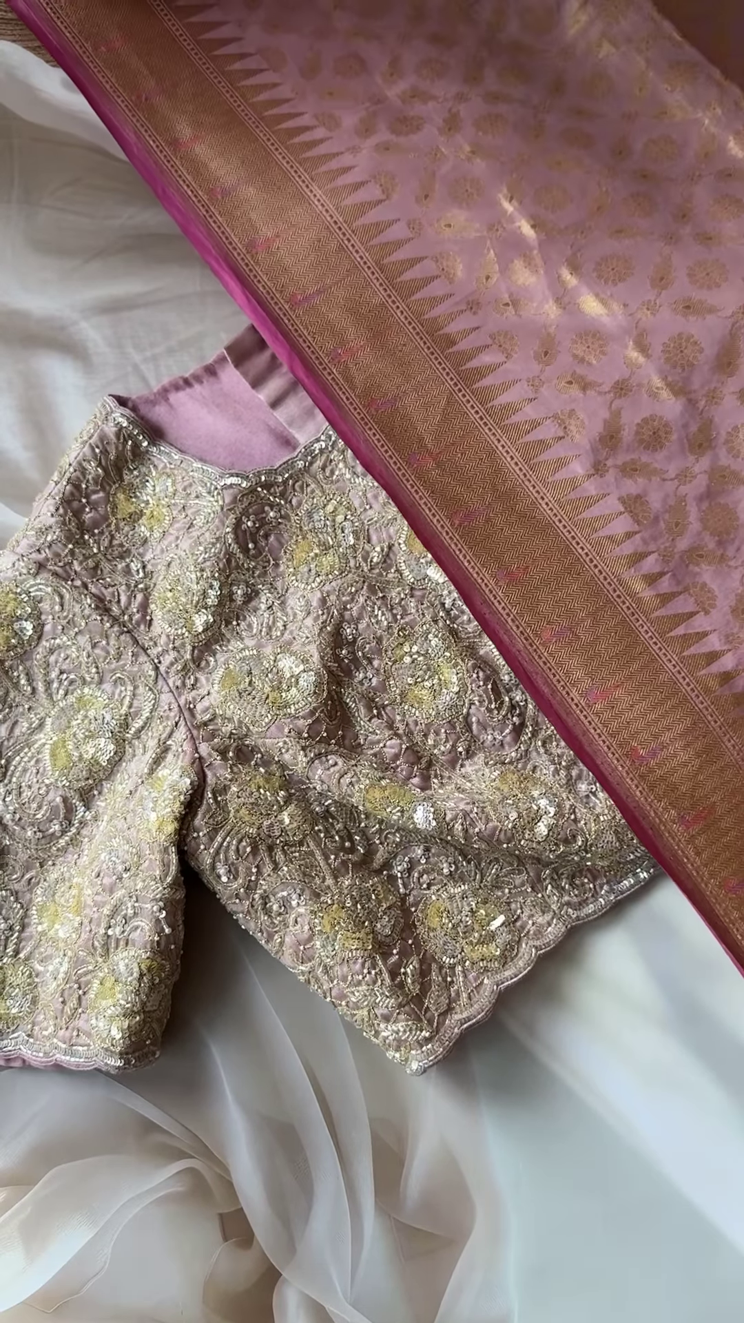 Noorani Dusty Rose Hand-Embroidered Blouse with Jacquard Silk Dupatta