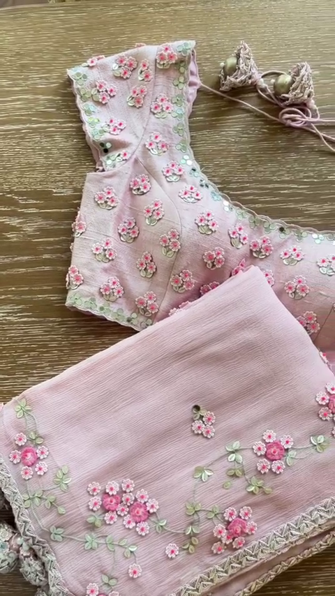 Gulnaaz Blush Pink 3D Floral Blouse & Dupatta Set