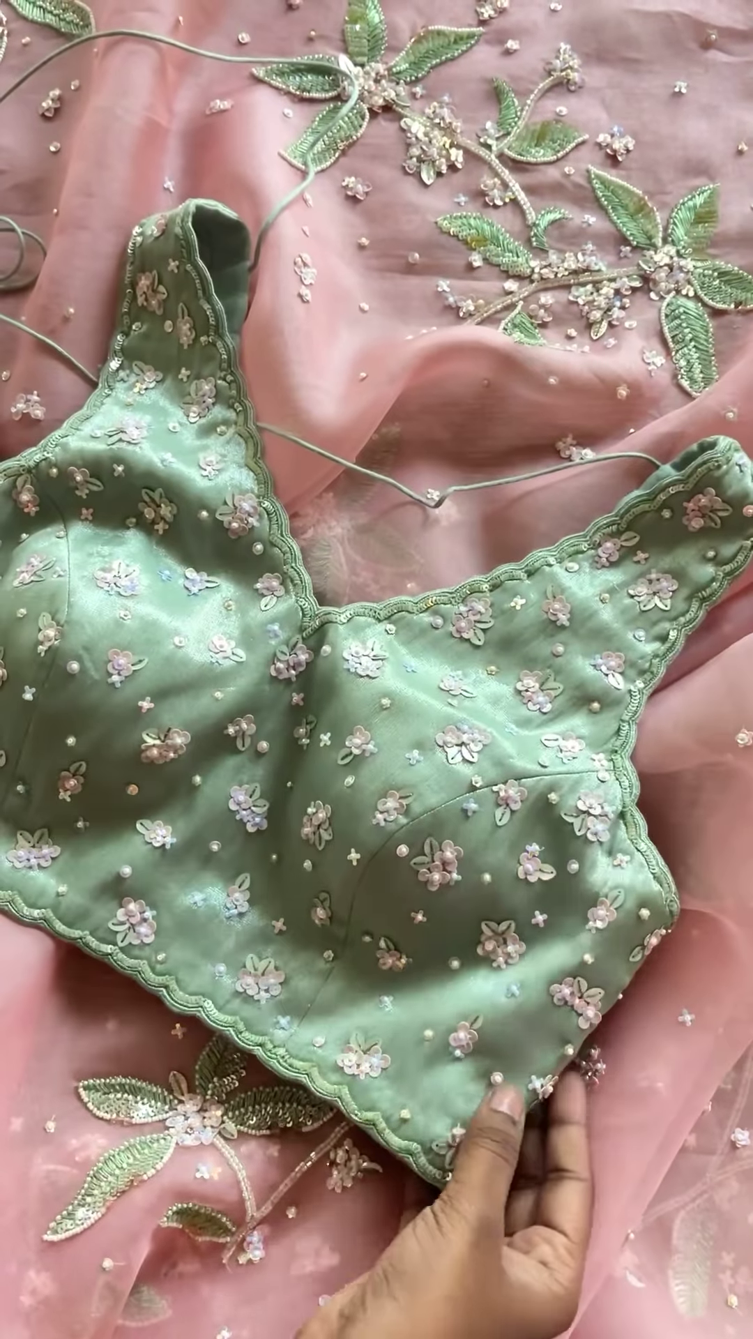 Green Blouse & Rose Pink Embroidered Dupatta Set