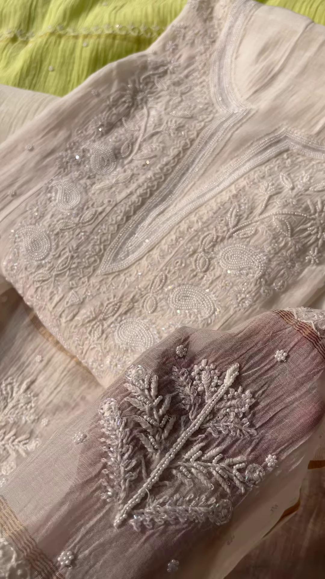 Lime Zest Embroidered Chikankari Unstitched Suit Fabric - Image 2