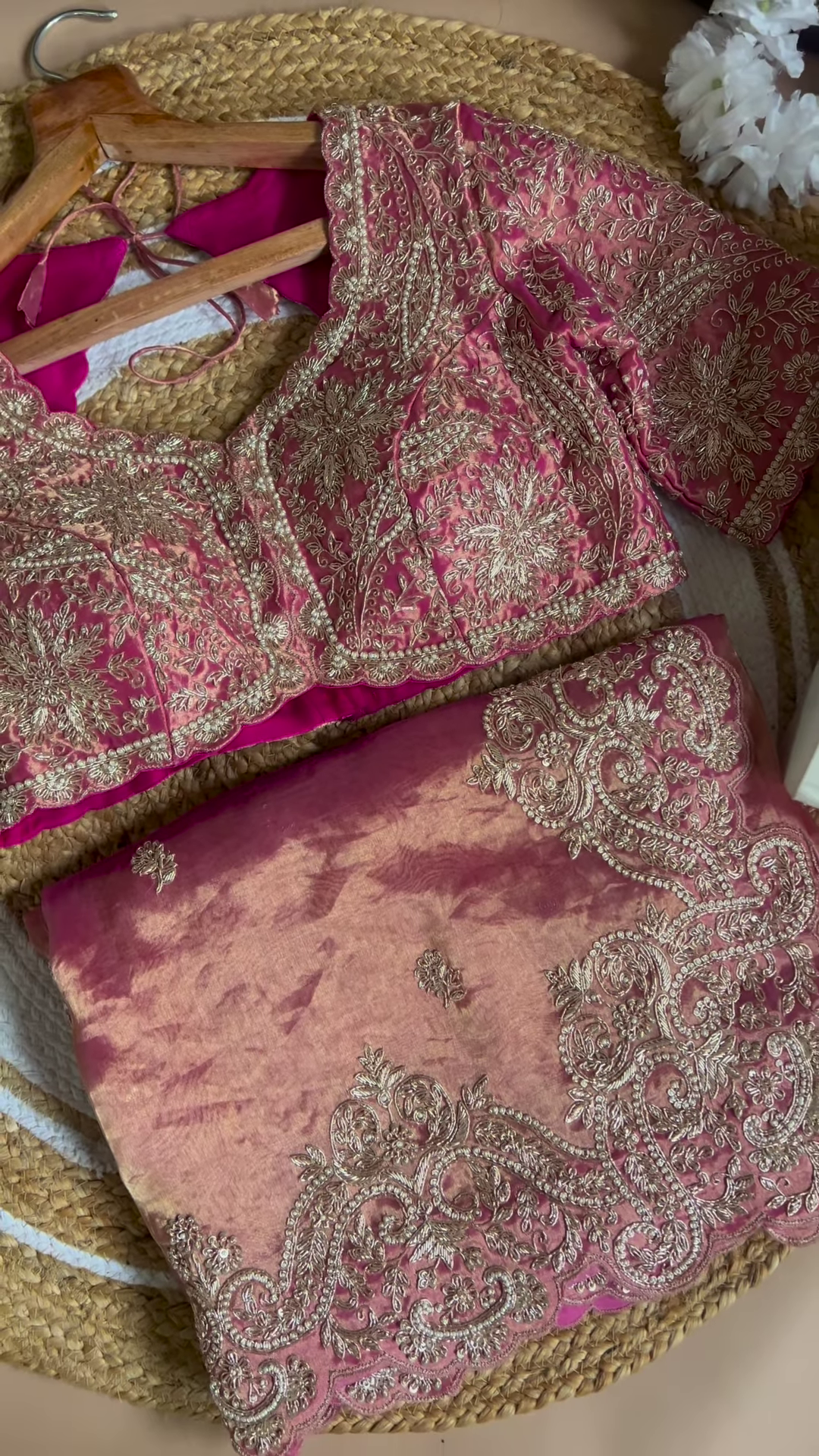 Pink and Gold Embroidered Unstitched Gharara Suit Set - Image 3