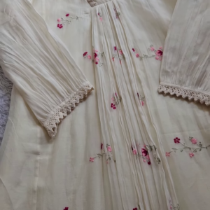 Cream Pleated Embroidered Unstitched Suit Fabric