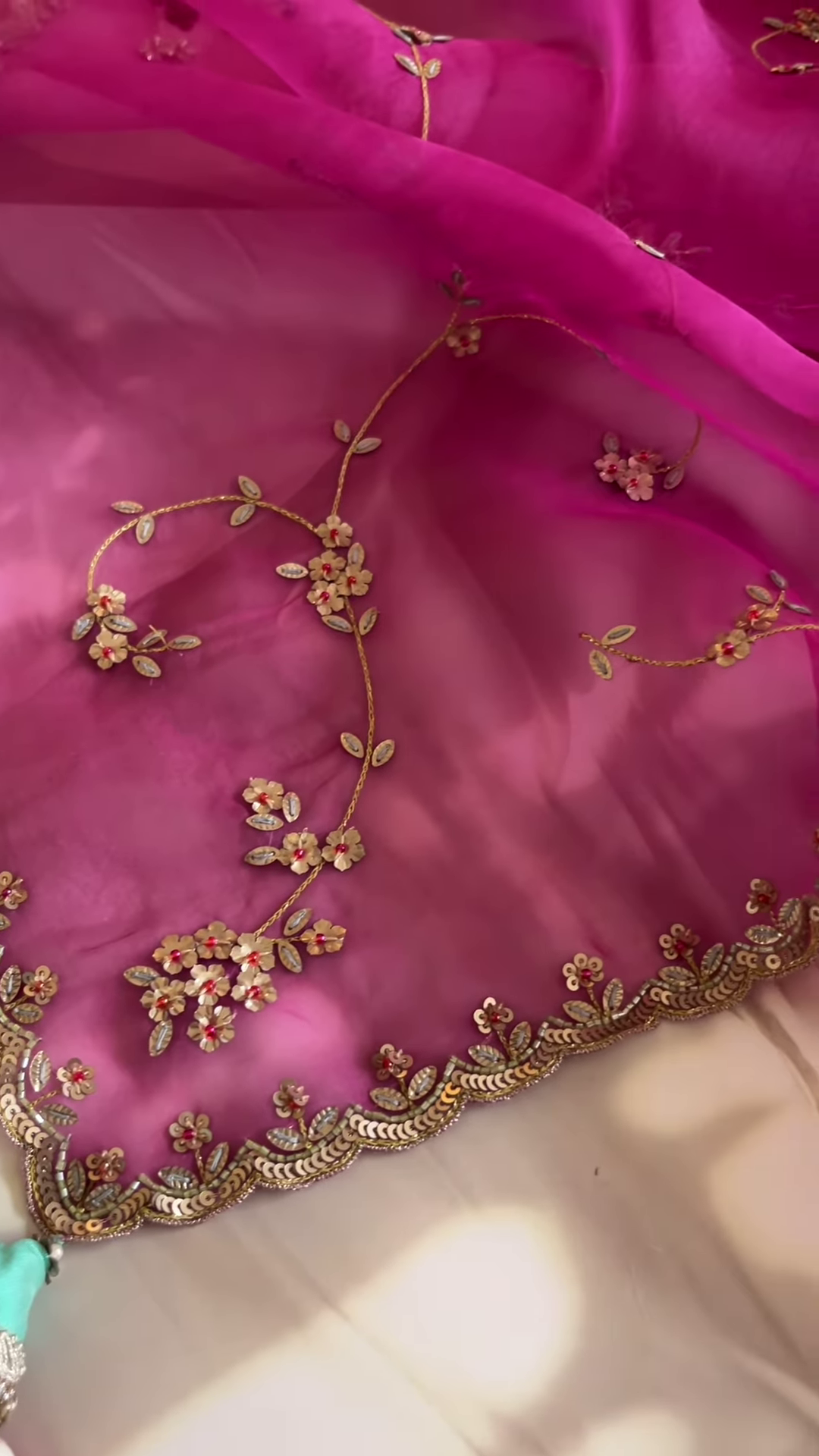 Fuchsia Floral Gota Patti Embroidered Dupatta - Image 3