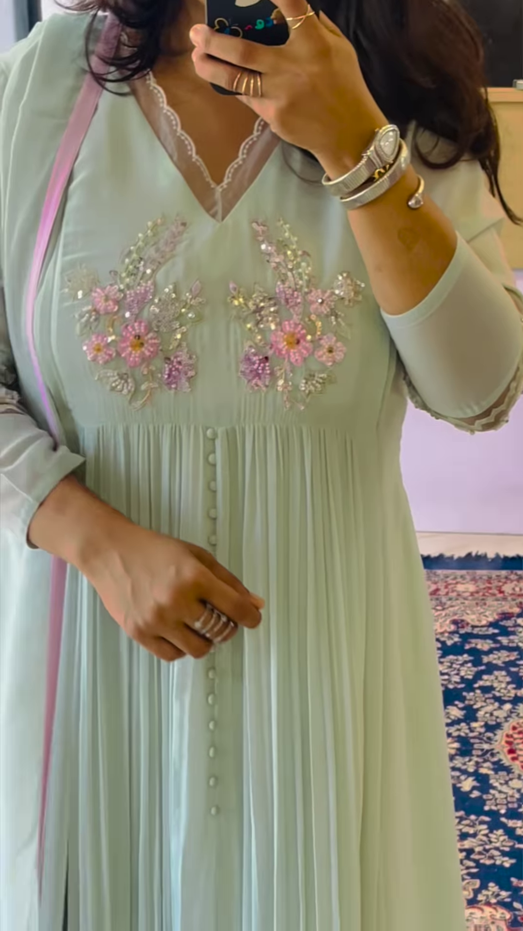 Mint Pleated Anarkali Kurta with Floral Embellishments